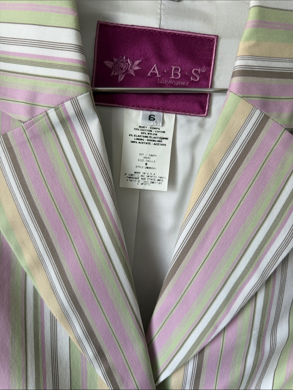 ABS Allen Schwartz Pastel Striped Cotton Blazer in Pink, Green & White size 6 - Picture 3 of 8